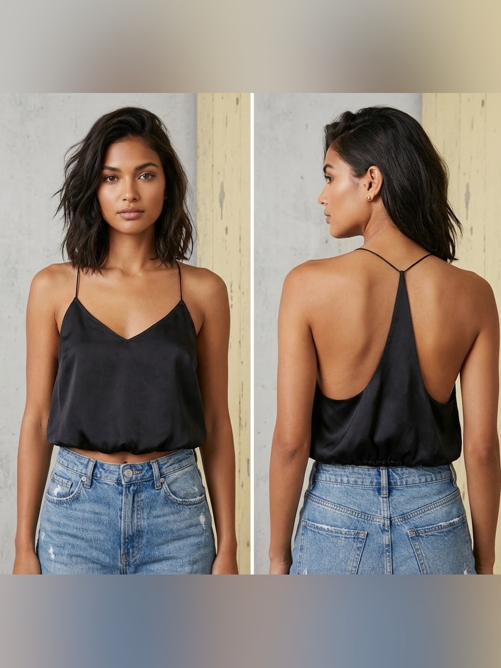 KENDALL + KYLIE Black Satin Cami Crop Top | Size XS | V-Neck Bubble Hem Halter T